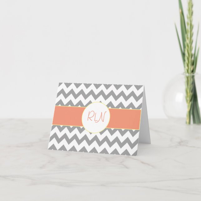 Grey and Salmon Chevron Striped Monogram Note Card (Front)