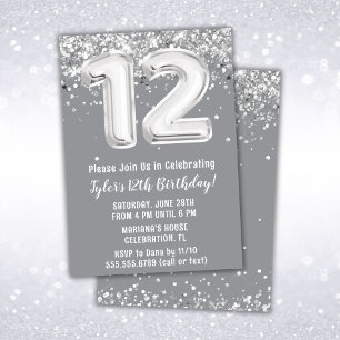 Grey and Silver 12th Birthday Invitation