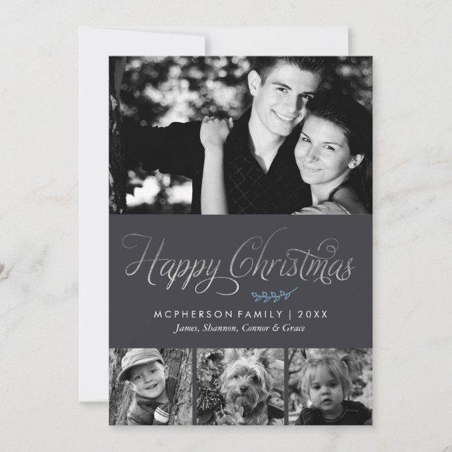 Grey and Silver Happy Christmas Photo Holiday Card (Front)