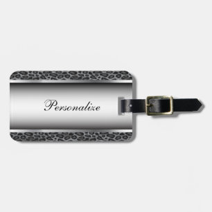 Grey and Silver Leopard Animal Print Personalise Luggage Tag
