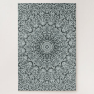 Grey and Silver Mandala Pattern Design Jigsaw Puzzle