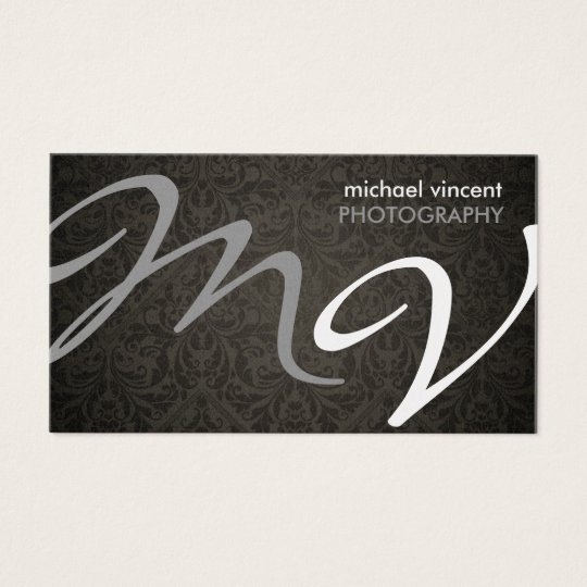 Grey and Silver monogram with black damask Business Card