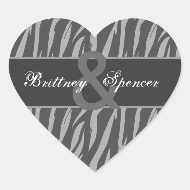Grey and Silver Zebra Wedding Bride and Groom Heart Sticker (Front)
