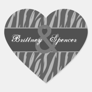 Grey and Silver Zebra Wedding Bride and Groom Heart Sticker