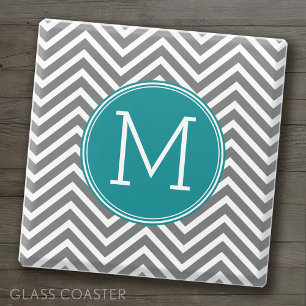 Grey and Teal Chevrons - Custom Monogram Glass Coaster