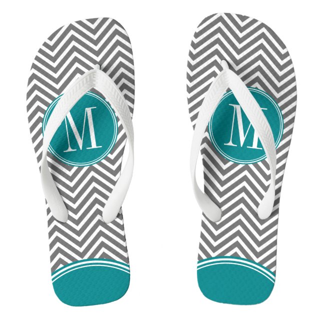 Grey and Teal Chevrons with Custom Monogram Flip Flops (Footbed)
