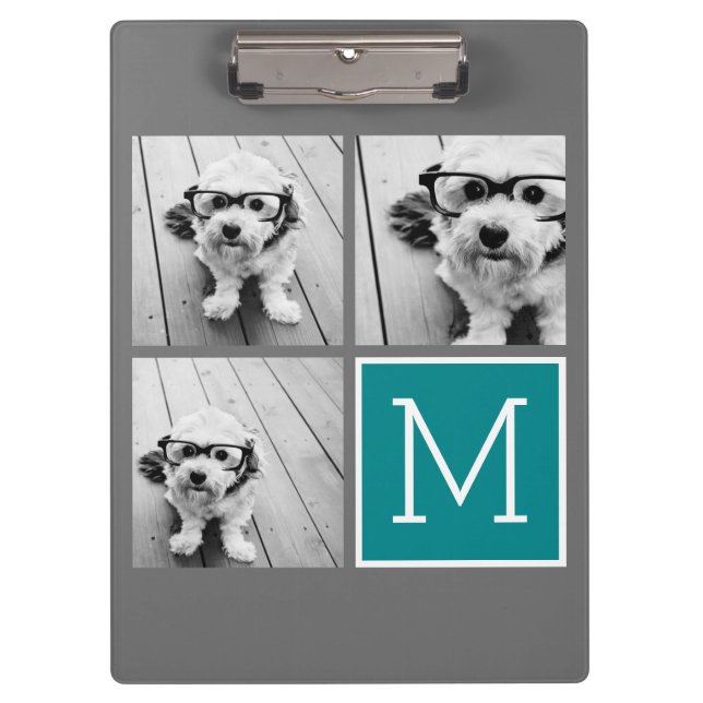 Grey and Teal Instagram Photo Collage Monogram Clipboard (Front)