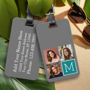 Grey and Teal Instagram Photo Collage Monogram Luggage Tag