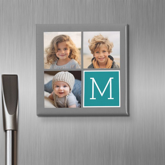 Grey and Teal Instagram Photo Collage Monogram Magnet (Personalized fridge magnet with photos and custom text)