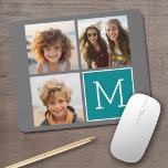 Grey and Teal Instagram Photo Collage Monogram Mouse Mat<br><div class="desc">Use 3 square photos to create a unique and personal gift. Or you can keep the hipster puppy and make a trendy keepsake. If you need to adjust the pictures,  click on the customise tool to make changes.</div>