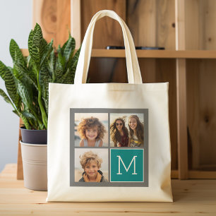 Grey and Teal Instagram Photo Collage Monogram Tote Bag