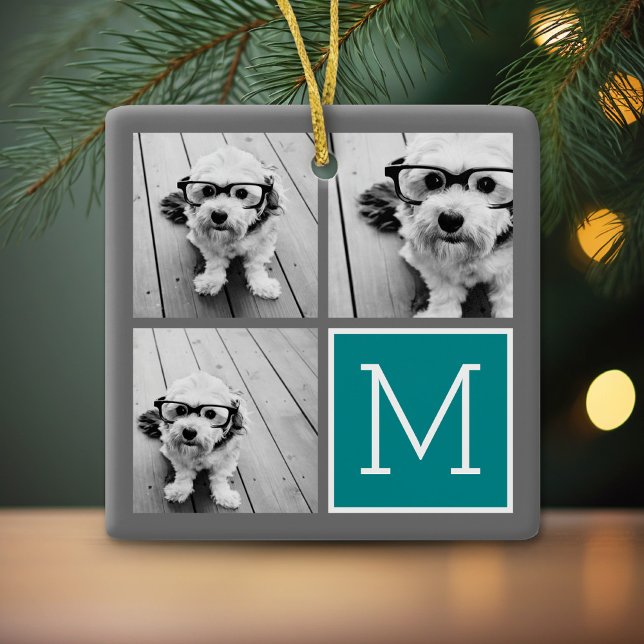 Grey and Teal Photo Collage Monogram Ceramic Ornament (Personalized photo ornament)