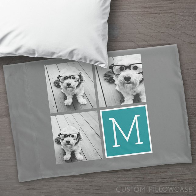 Grey and Teal Photo Collage Monogram Pillowcase (Custom Pillowcase)