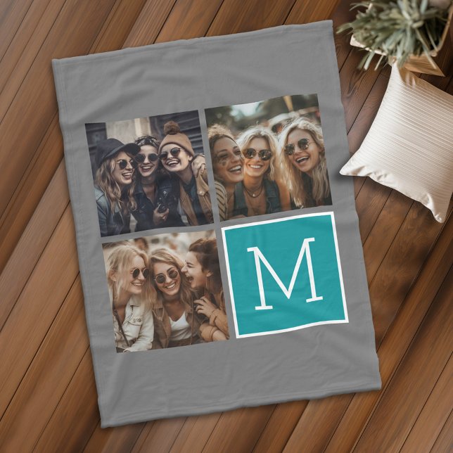 Grey and Teal Square 3 Photo Collage Monogram Fleece Blanket (Personalized fleece blanket with 3 photos and custom text - Makes a great Gift)