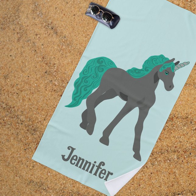 Grey and Teal Unicorn Personalised Beach Towel (Creator Uploaded)