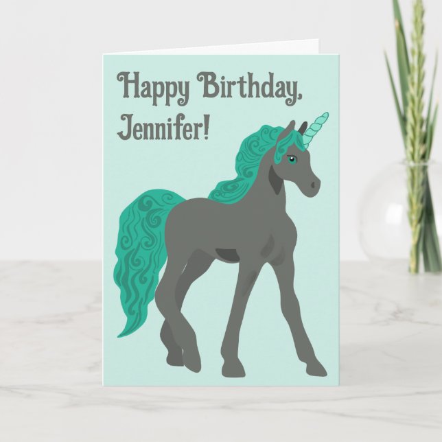 Grey and Teal Unicorn Personalised Birthday Card (Front)