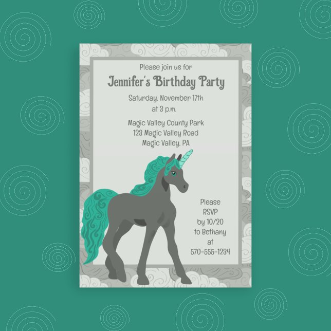 Grey and Teal Unicorn Personalised Invitation (Creator Uploaded)