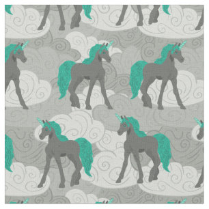 Grey and Teal Unicorns and Clouds Patterned Fabric