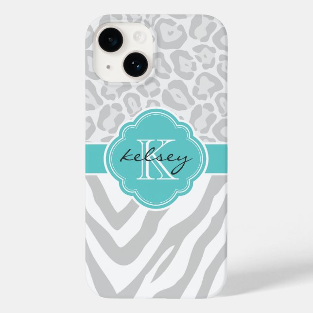 Grey and Turquoise Animal Print Monogram Case-Mate iPhone Case (Back)