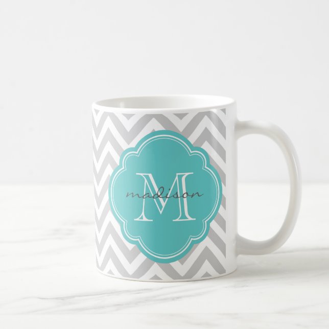 Grey and Turquoise Chevron Custom Monogram Coffee Mug (Right)