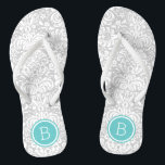 Grey and Turquoise Floral Damask Monogram Flip Flops<br><div class="desc">Custom printed flip flop sandals with a stylish elegant floral damask pattern and your custom monogram or other text in a circle frame. Click Customise It to change text fonts and colours or add your own images to create a unique one of a kind design!</div>