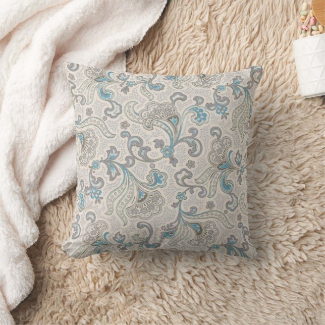 Grey and Turquoise Floral Throw Pillow (Blanket)