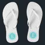 Grey and Turquoise Greek Key Monogram Flip Flops<br><div class="desc">Custom printed flip flop sandals with a stylish modern Greek key pattern and your custom monogram or other text in a circle frame. Click Customise It to change text fonts and colours or add your own images to create a unique one of a kind design!</div>