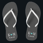 Grey and Turquoise Modern Wedding Monogram Flip Flops<br><div class="desc">Custom printed flip flop sandals personalised with a cute heart and your monogram initials and wedding date. Click Customise It to change text fonts and colours or add your own images to create a unique one of a kind design!</div>