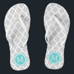 Grey and Turquoise Moroccan Quatrefoil Monogram Flip Flops<br><div class="desc">Custom printed flip flop sandals with a stylish Moroccan quatrefoil pattern and your custom monogram or other text in a circle frame. Click Customise It to change text fonts and colours or add your own images to create a unique one of a kind design!</div>