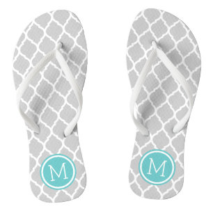 Grey and Turquoise Moroccan Quatrefoil Monogram Flip Flops