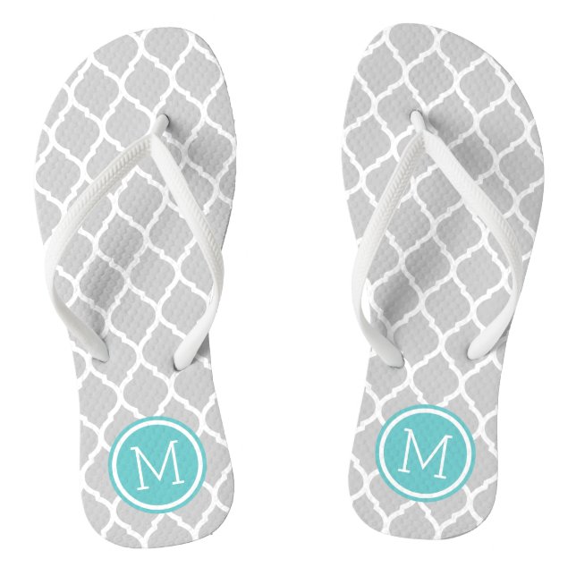 Grey and Turquoise Moroccan Quatrefoil Monogram Flip Flops (Footbed)
