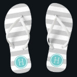 Grey and Turquoise Preppy Stripes Monogram Flip Flops<br><div class="desc">Custom printed flip flop sandals with a preppy nautical stripe pattern and your custom monogram or other text in a circle frame. Click Customise It to change text fonts and colours or add your own images to create a unique one of a kind design!</div>