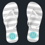 Grey and Turquoise Preppy Stripes Monogram Flip Flops<br><div class="desc">Custom printed flip flop sandals with a preppy nautical stripe pattern and your custom monogram or other text in a circle frame. Click Customise It to change text fonts and colours or add your own images to create a unique one of a kind design!</div>