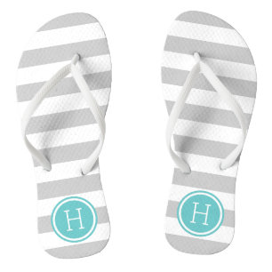 Grey and Turquoise Preppy Stripes Monogram Flip Flops