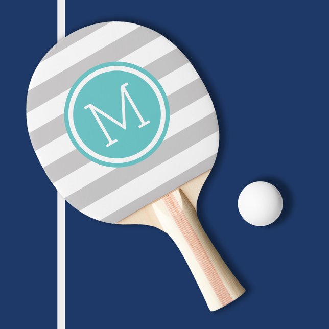 Grey and Turquoise Preppy Stripes Monogram Ping Pong Paddle (Creator Uploaded)