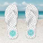 Grey and Turquoise Trellis Monogram Flip Flops<br><div class="desc">Custom printed flip flop sandals with a stylish modern trellis pattern and your custom monogram or other text in a circle frame. Click Customise It to change text fonts and colours or add your own images to create a unique one of a kind design!</div>