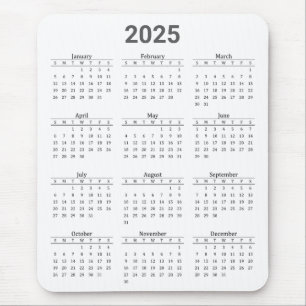 Grey and White 2025 Year at a Glance Calendar Mouse Mat