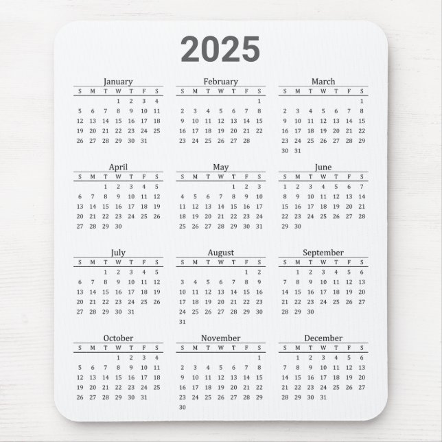 Grey and White 2025 Year at a Glance Calendar Mouse Mat (Front)