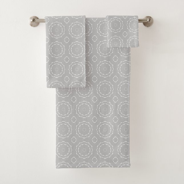 Grey And White Abstract Motif Pattern Bath Towel Set (Insitu)
