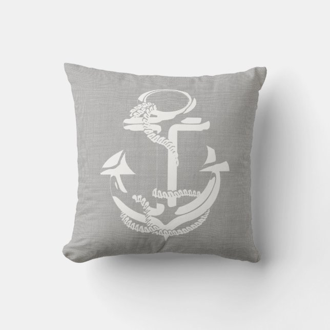 Grey and White Anchor and Stripes Cushion (Front)