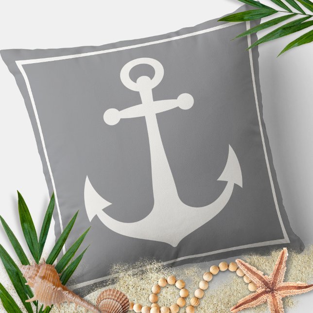 Grey and White Anchor Nautical Boat Beach Modern Cushion (Creator Uploaded)