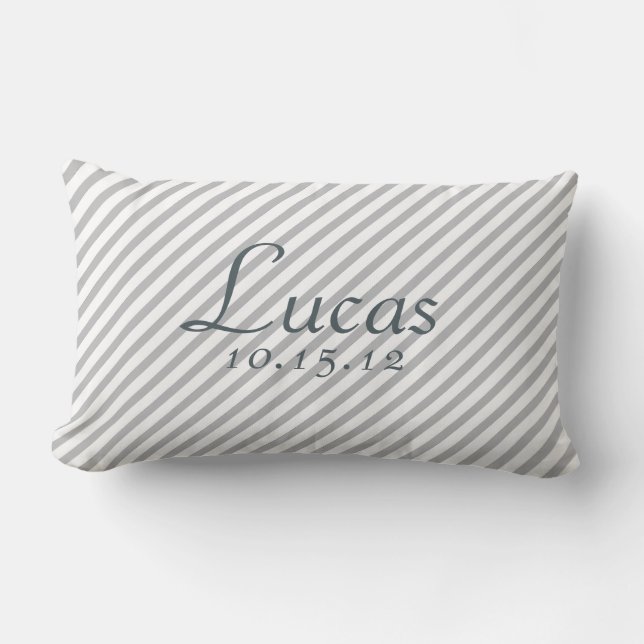 Grey and White Birth Date Nursery Pillow (Front)
