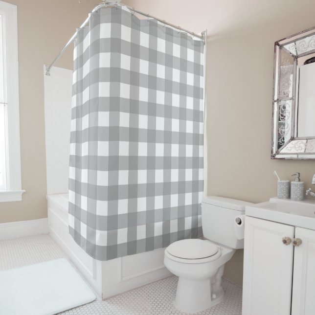 Grey and White Buffalo Check Shower Curtain (In Situ)
