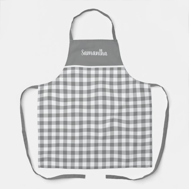 Grey And White Buffalo Plaid Check Personalised Apron (Front)