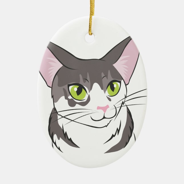 Grey and White Cat Ceramic Tree Decoration (Front)