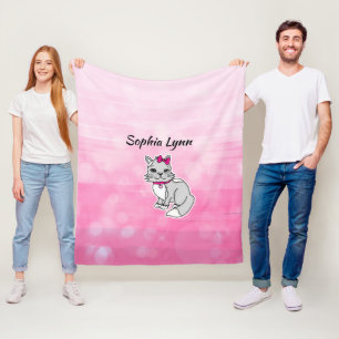 Grey and White Cat Personalised Girl's Pink Fleece Blanket