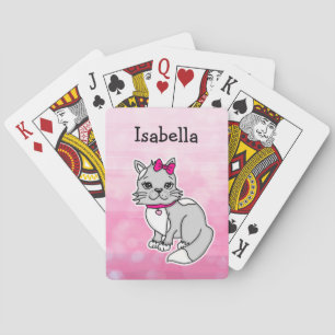 Grey and White Cat Personalised Girl's Pink  Playing Cards