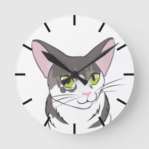 Grey and White Cat Round Clock