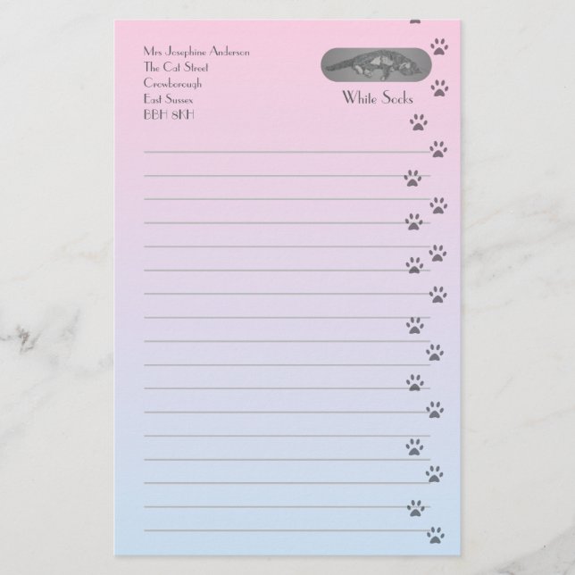 Grey and White Cat with Cat Footprints Stationery (Front)