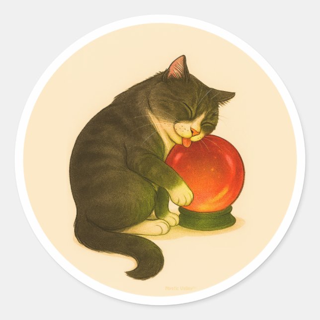 Grey and white cat with red crystal ball classic round sticker (Front)